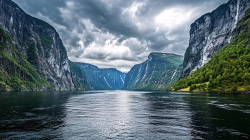 Scenic Fjord Landscape with Lush Mountains and Clouds