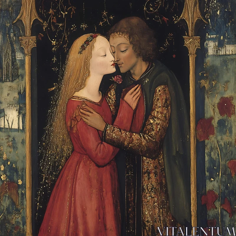 Lovers in Embrace - Medieval Painting AI Image