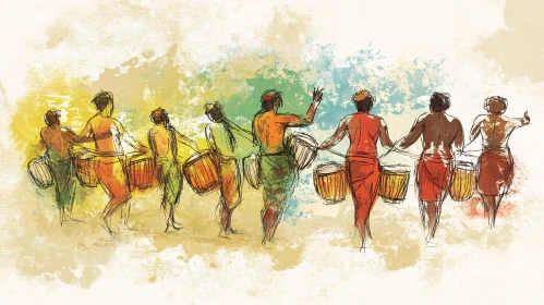 Artistic Sketch of Drummers in Harmony