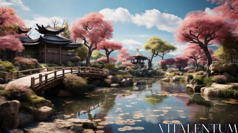Blossoming Landscape with Bridge and Pond: A Heian Period Inspiration AI Image