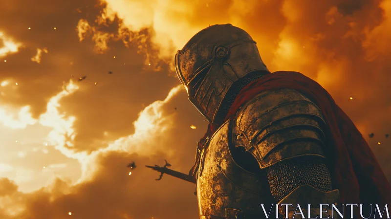 Armored Knight Silhouette Against Warm Sky AI Image