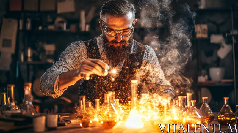 Bearded Scientist and Glowing Beakers AI Image