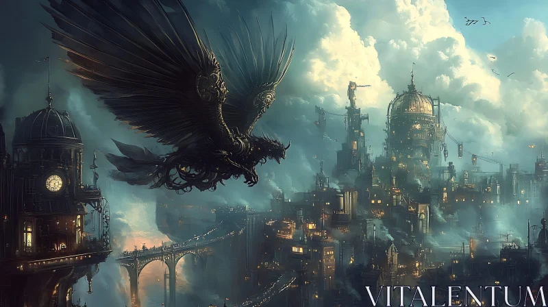 AI ART Mechanical Dragon Flight Over Steampunk City