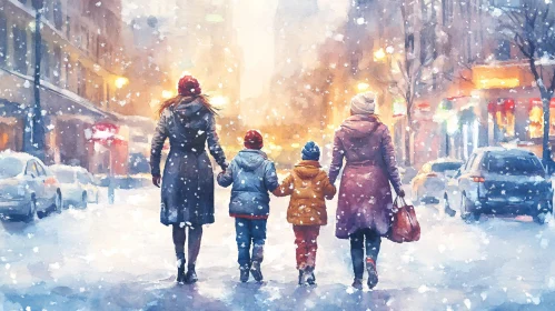 Snowy City Stroll Watercolor Art