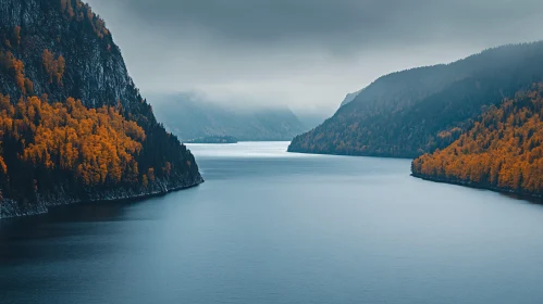 Misty Autumnal Lake and Mountain Landscape