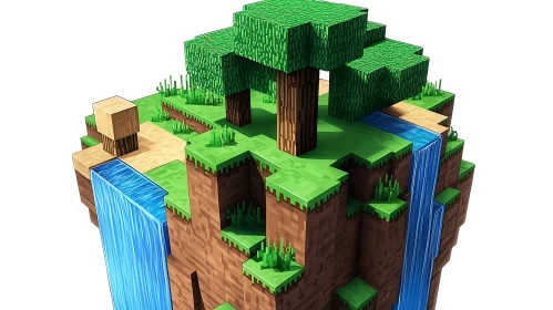 Blocky Island with Waterfall