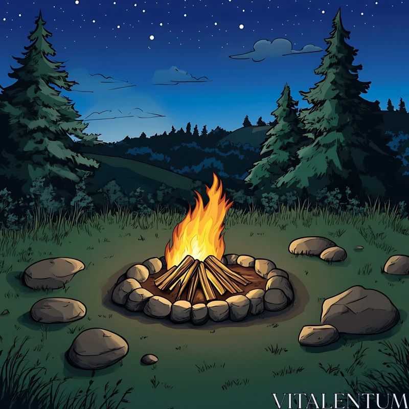 Forest Campfire Night Scene AI Image