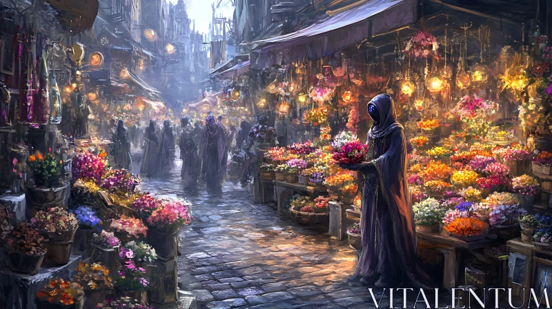 Vibrant Flower Market in Ancient City AI Image