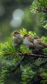 Rainy Day Sparrows on Pine Branch