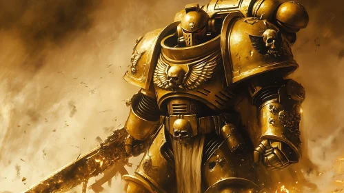 Armored Warrior with Weapon in Smoky Landscape