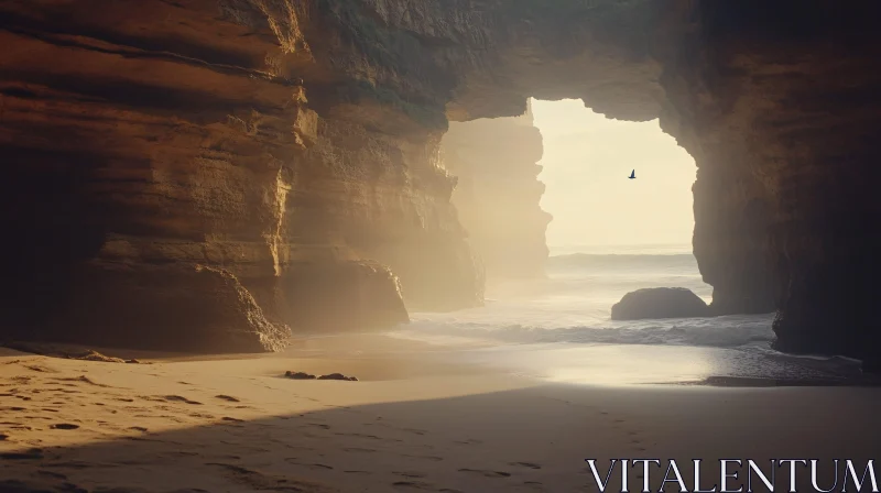 AI ART Golden Sunlight Streaming Through a Beach Cave