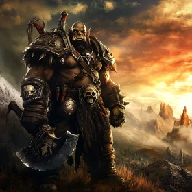 Orc Warrior with Axe Against Sunset