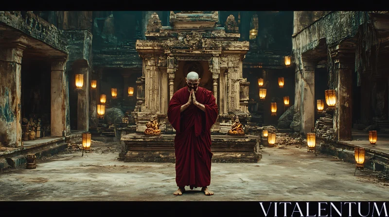 Monk Praying in Old Temple AI Image