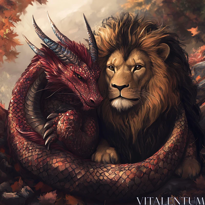 Fantasy Creatures: Lion and Dragon Together AI Image