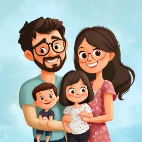 Cartoon Family Portrait with Two Children