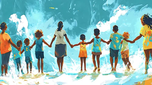 Children Holding Hands by the Sea