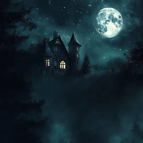 Moonlit Castle in the Mist