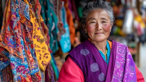 Elderly Woman's Portrait with Colorful Textiles