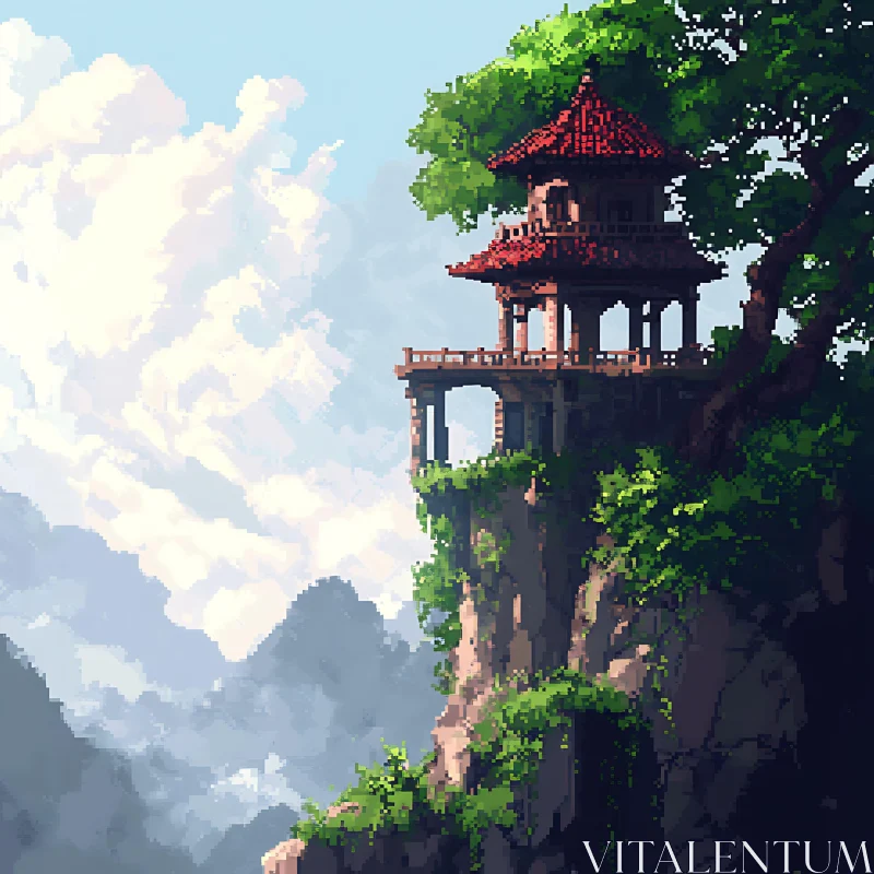 Pagoda on Cliff Pixel Art AI Image