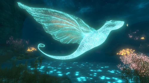 Glowing Winged Being in Water Scene