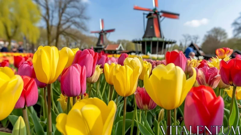 Colorful Tulip Garden with Windmills - Vibrant Floral Landscape AI Image