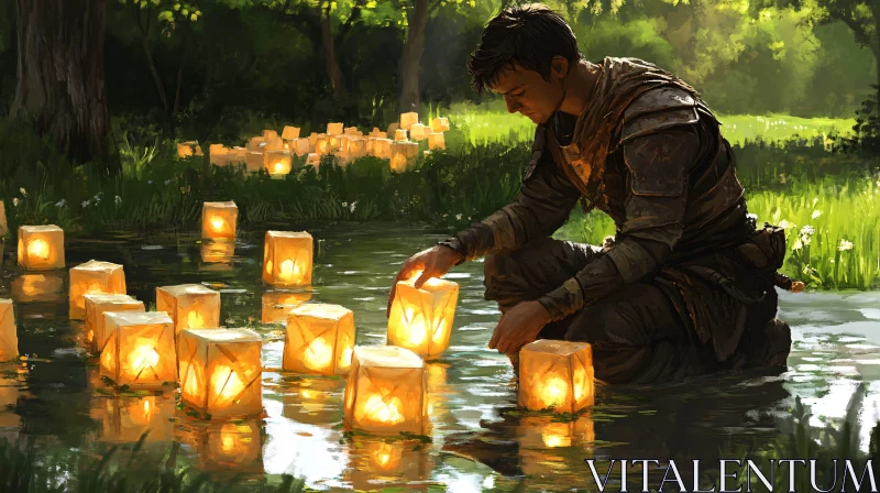 Man and Lanterns by the Pond AI Image