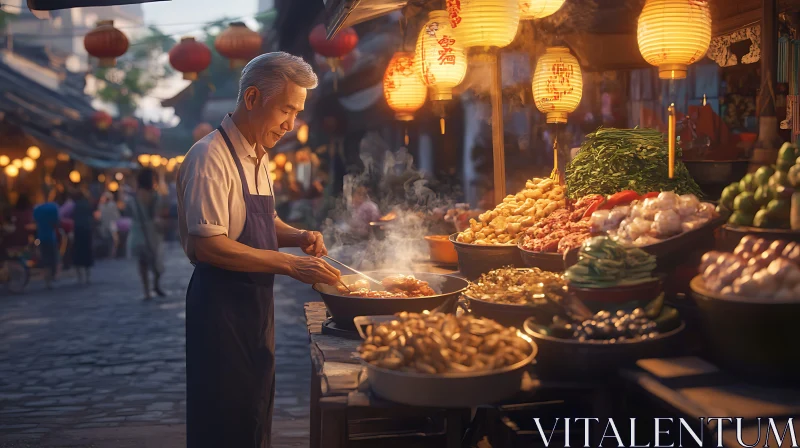 Lantern Lit Culinary Street Scene AI Image