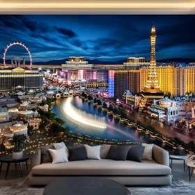 Illuminated Cityscape Featuring Eiffel Tower Replica and Water Feature