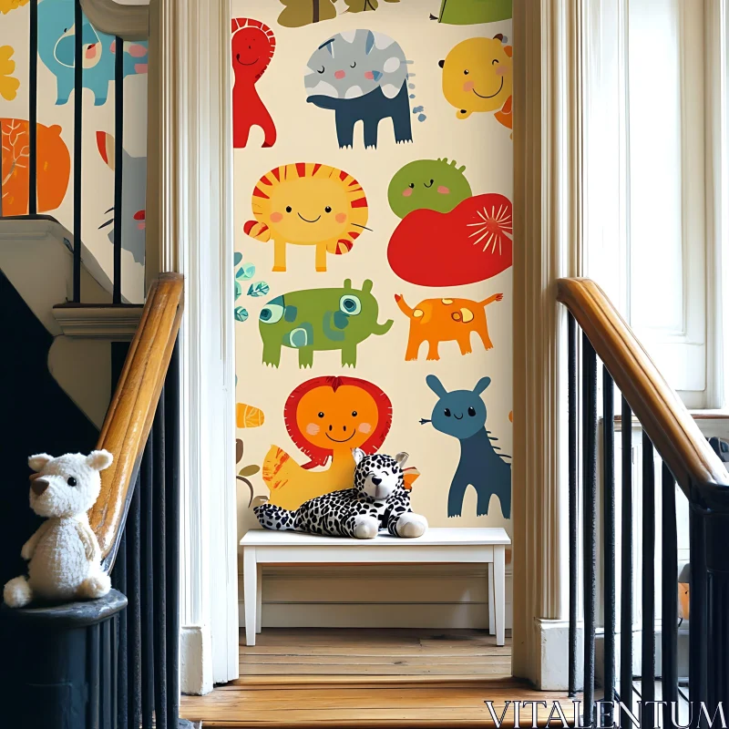 Playful Nursery with Colorful Animal Design in Children's Area AI Image