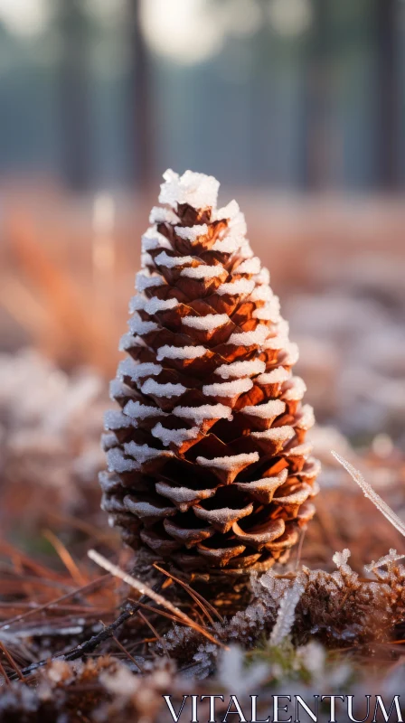 Frosty Pine Cone on Snow Covered Ground AI Image