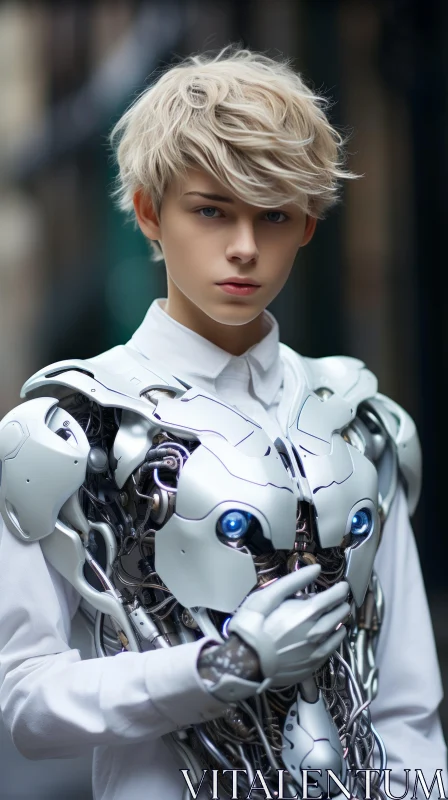 Futuristic Boy in Robotic Apparel in City AI Image