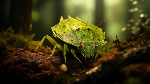 Green Insect in Moss-Filled Forest: A Blend of Realism & Sci-Fi