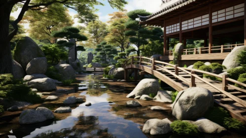 Japanese Garden Scene with Traditional Architecture