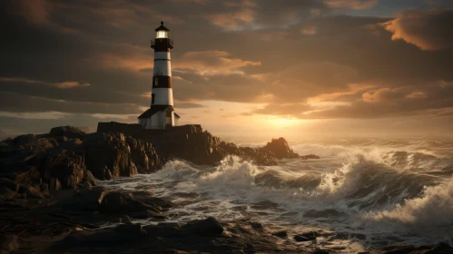 Lighthouse Amidst Crashing Waves Under Night Sky