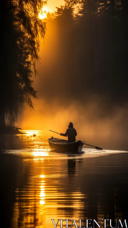 Mystical Canoe Ride at Sunrise - A Captivating Nature Scene AI Image