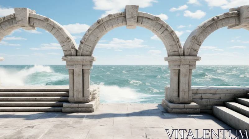 Photorealistic Seascape: Neo-Classical Archway and Stone Steps AI Image