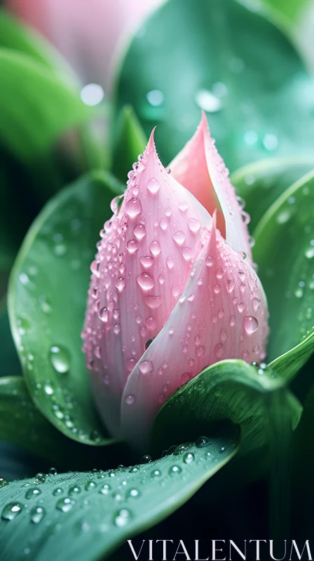 Pink Lotus Bud with Water Droplets - Tranquil Gardenscape AI Image