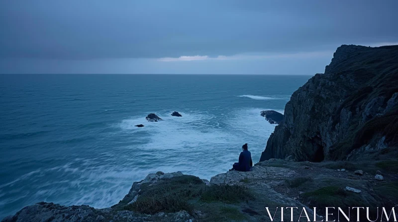 Sitting on a Cliff: Emotive Image of a Person Contemplating the Ocean AI Image