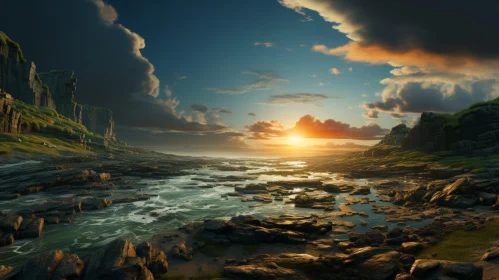 Sweeping Seascape with Sunset over Cliffs - Majestic Ocean View