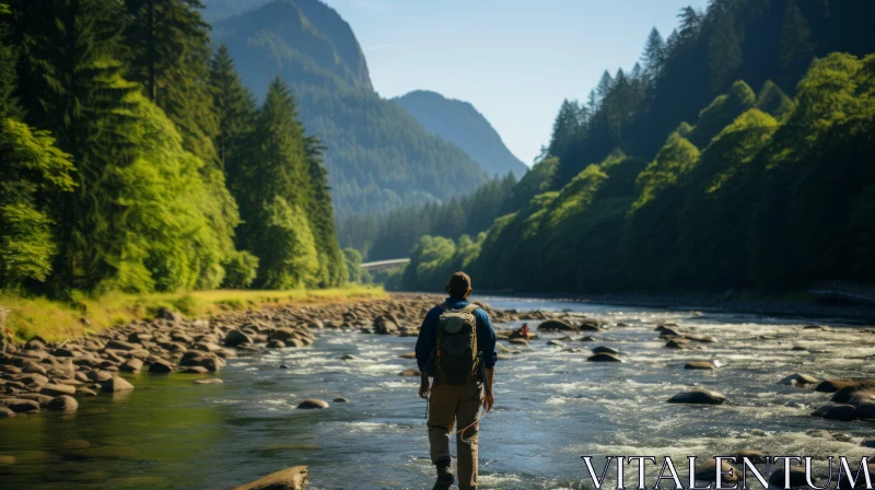 Tranquil Nature Artwork: Man Walking Along the River with a Backpack AI Image