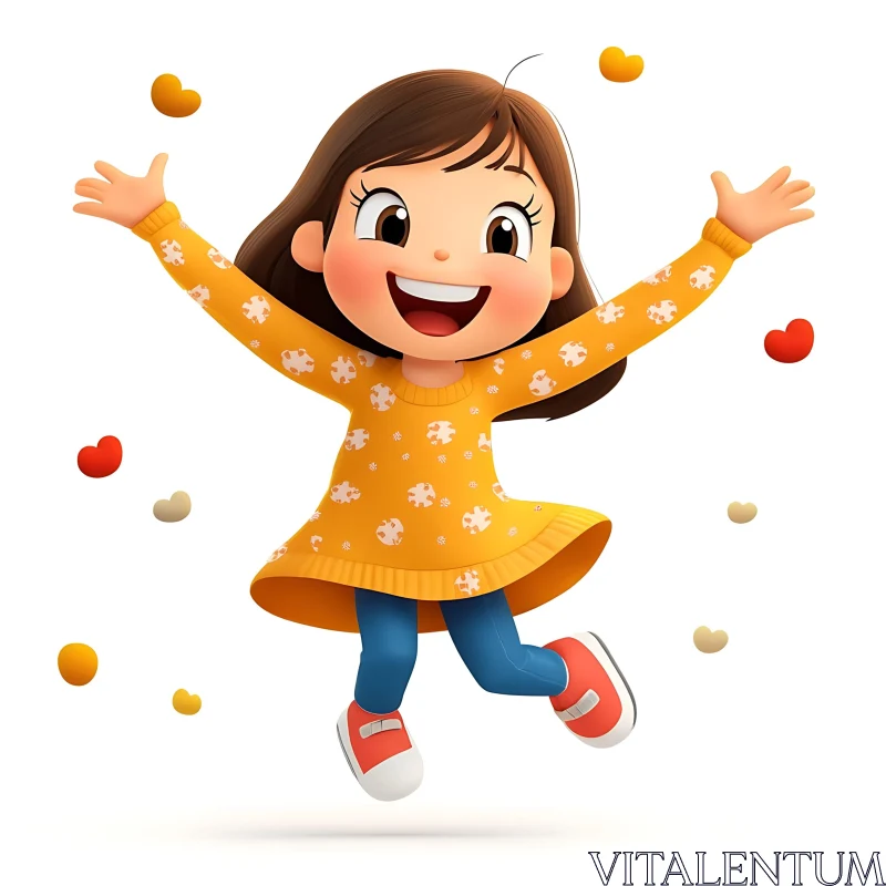 AI ART Happy Cartoon Girl Jumping with Hearts