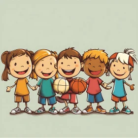 Cartoon Kids Holding Hands and Balls