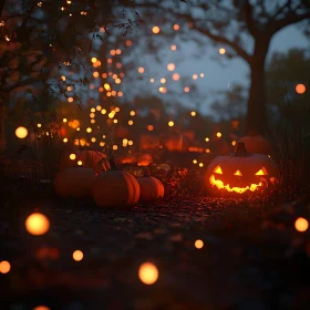 Halloween Pumpkins Under Night Lights