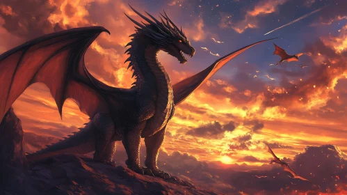 Sunset Dragon Perched on Mountain