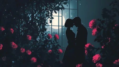 Couple Silhouette with Roses and Moon