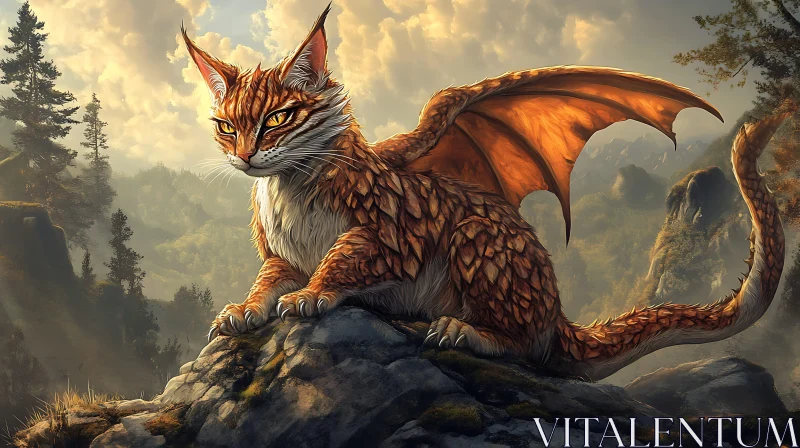 AI ART Winged Cat-Dragon Perched on Rocky Peak