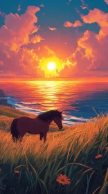 Coastal Sunset Scene with Horse