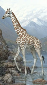 Giraffe by the Lake in Mountain Scene