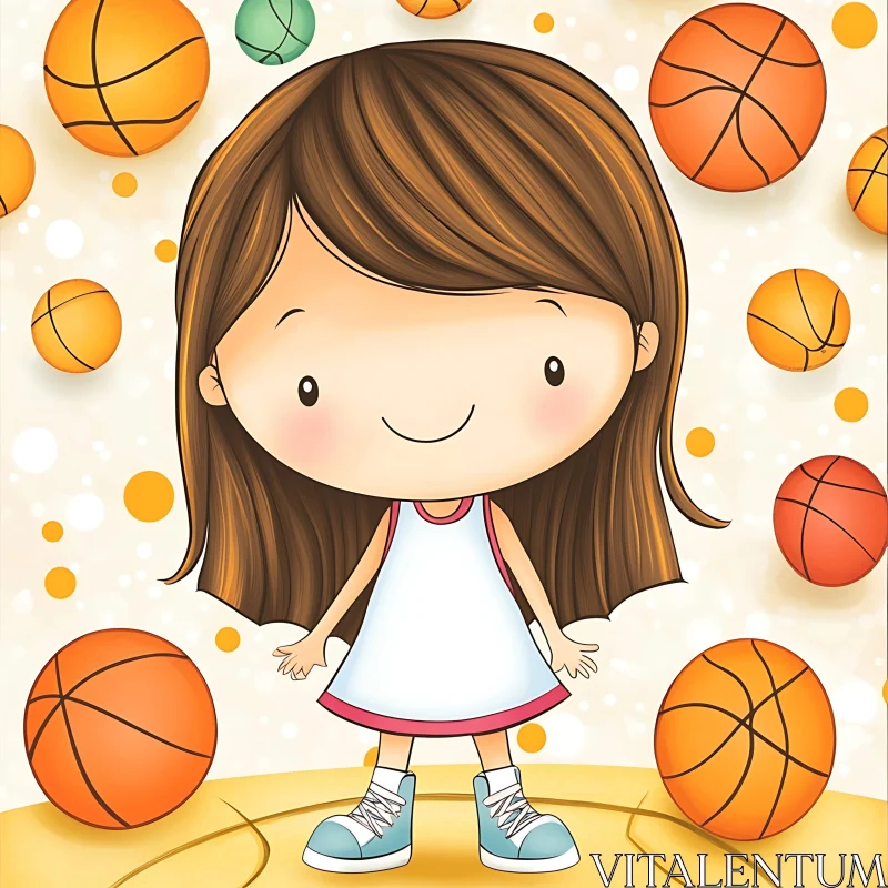 Cartoon Girl and Sport Balls AI Image