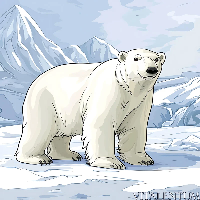 AI ART Cartoon Polar Bear with Snowy Mountain Backdrop